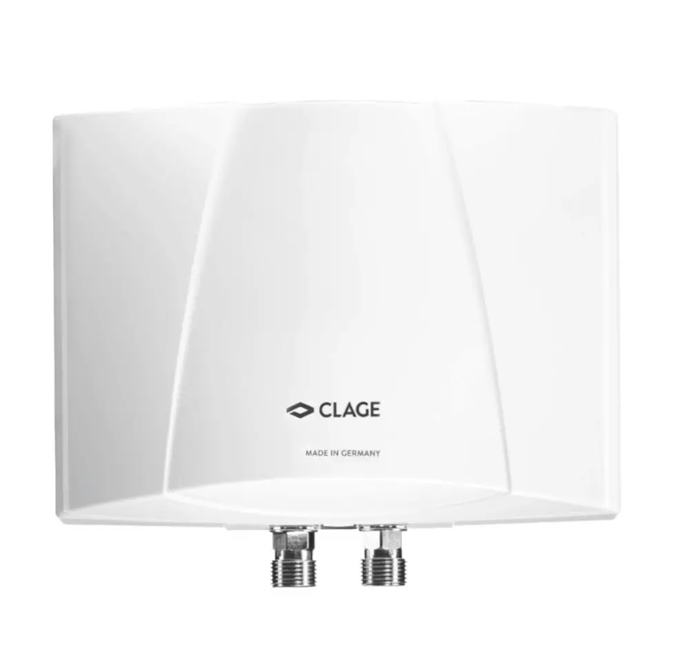 Weißer Durchlauferhitzer von CLAGE mit zwei Anschlüssen. Kompakte Bauform, geeignet für die Installation über Waschbecken. Energiesparendes Modell für warmes Wasser.